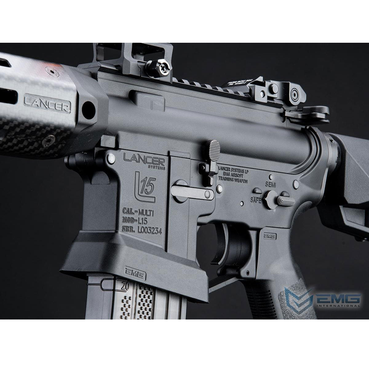 EMG Lancer Systems Licensed L15 Defense Airsoft AEG Rifle - Carbon Fiber Handguard - 8"