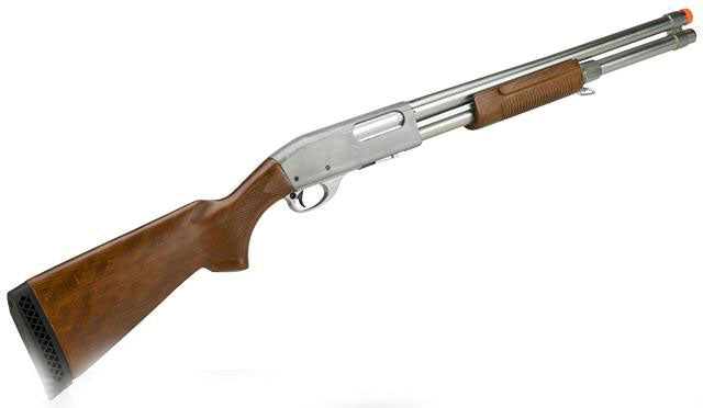 S&T M870 Type Full Metal Airsoft Training Shotgun Standard Version - Silver w/ Wood Stock - Evike