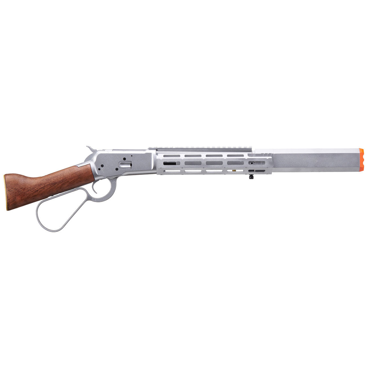 Atlas Custom Works M1873 "Mares Leg" Lever Action Airsoft Green Gas Rifle w/ M-LOK Rail and Suppressor - Silver
