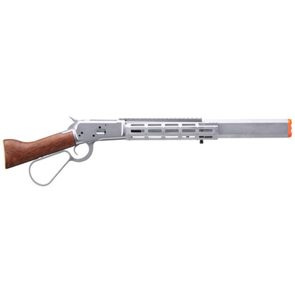 Atlas Custom Works M1873 "Mares Leg" Lever Action Airsoft Green Gas Rifle w/ M-LOK Rail and Suppressor - Silver