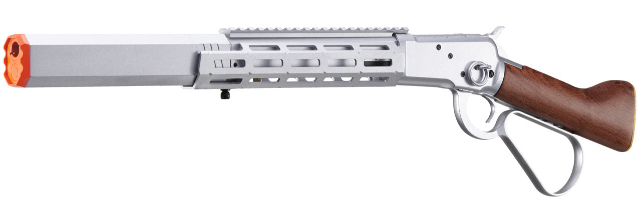 Atlas Custom Works M1873 "Mares Leg" Lever Action Airsoft Green Gas Rifle w/ M-LOK Rail and Suppressor - Silver
