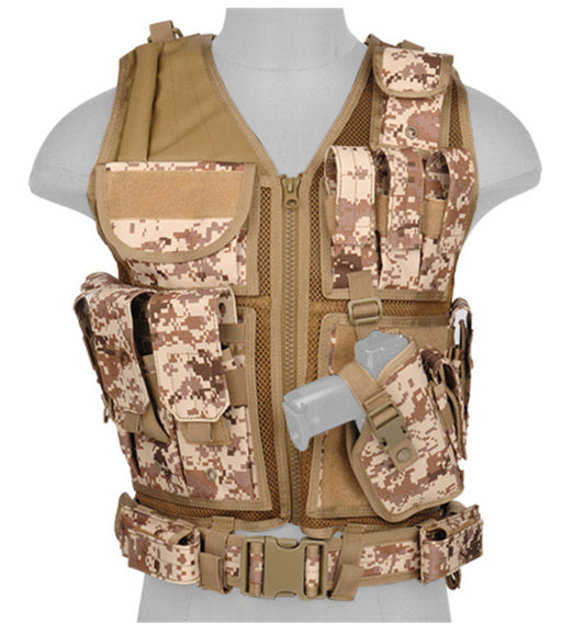 Lancer Tactical 1000D Nylon Airsoft Combat Vest w/Holster - Desert Digital