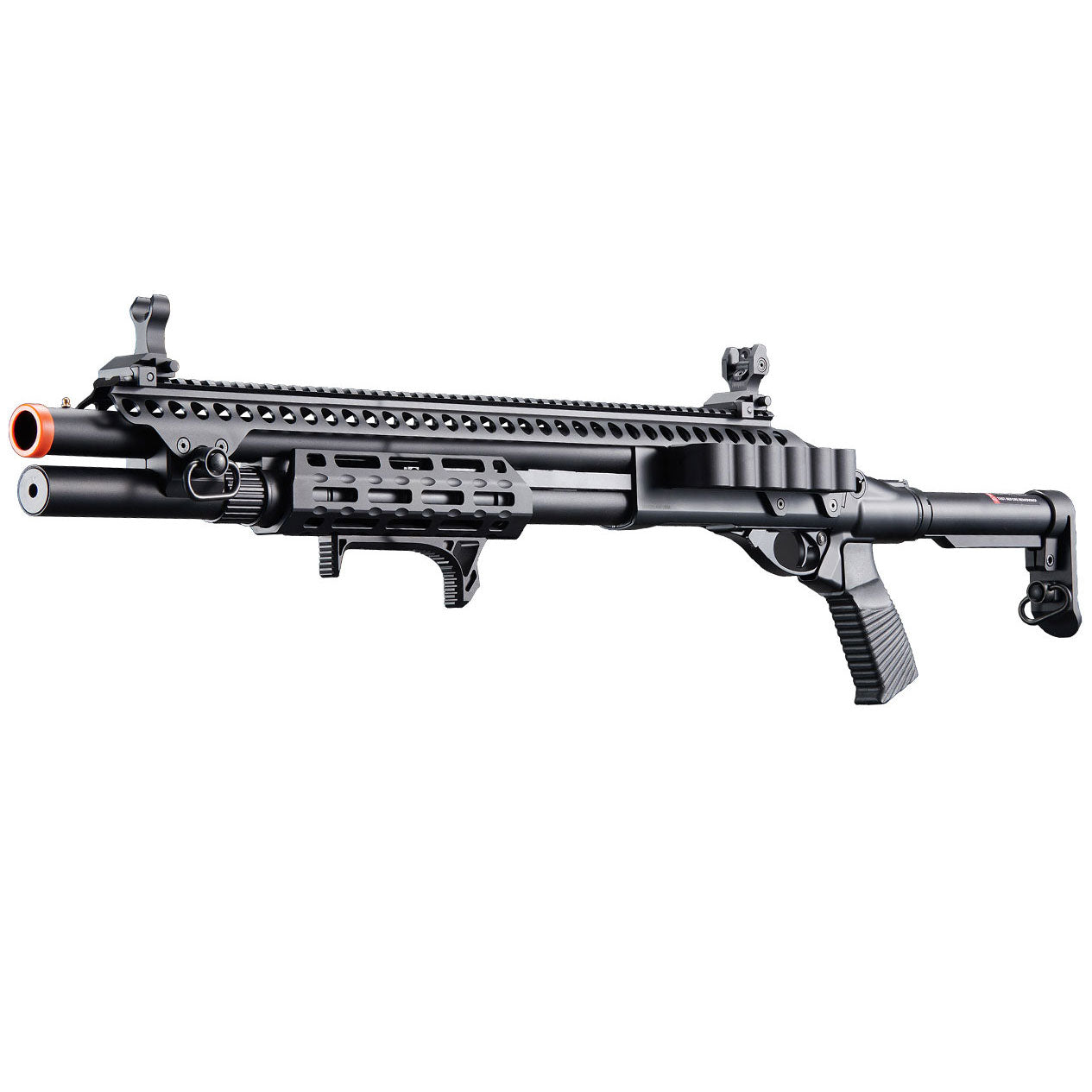 Golden Eagle M8875 3/6-Shot Pump Action CO2 Airsoft Shotgun w/ Flip Up Sights, M-LOK, Picatinny Rail & M4 Buffer Stock