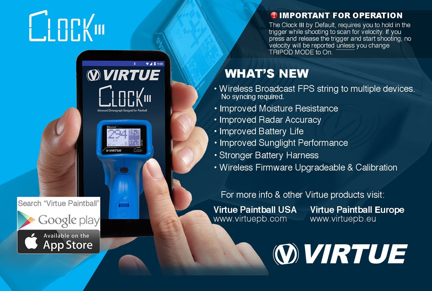 Virtue Clock III Paintball Chronograph - Cyan - Virtue