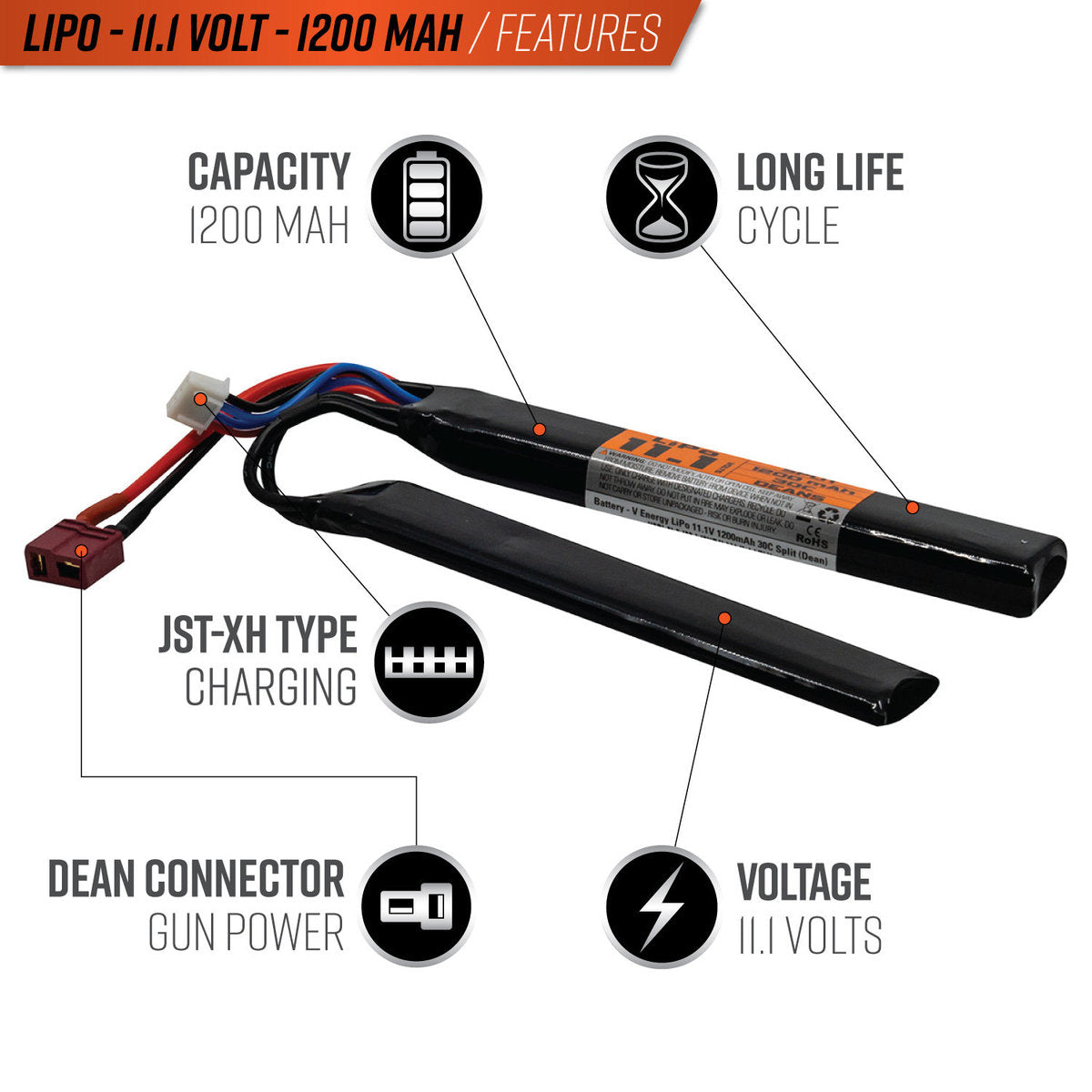 Valken LiPo 11.1V 1200mAh 30C Split Style Battery - Deans