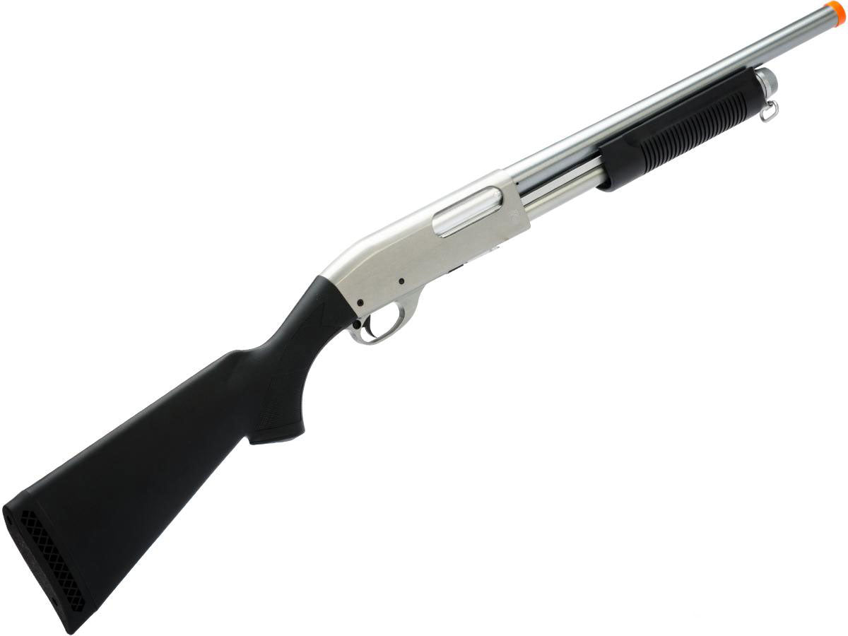 S&amp;T M870 Type Full Metal Airsoft Training Shotgun Police Version w/ Polymer Stock - Silver - Evike