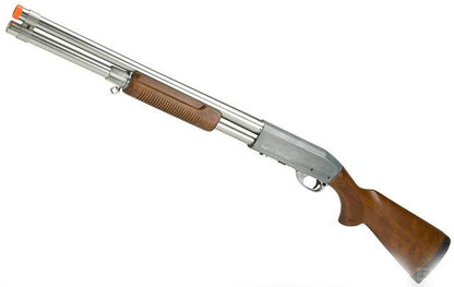 S&amp;T M870 Type Full Metal Airsoft Training Shotgun Standard Version - Silver w/ Wood Stock - Evike